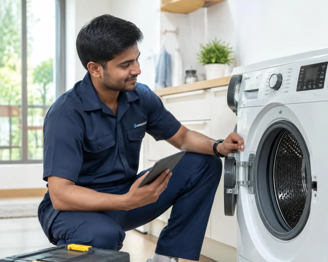 PROSERVIZ technician inspecting a washing machine in an Indian home